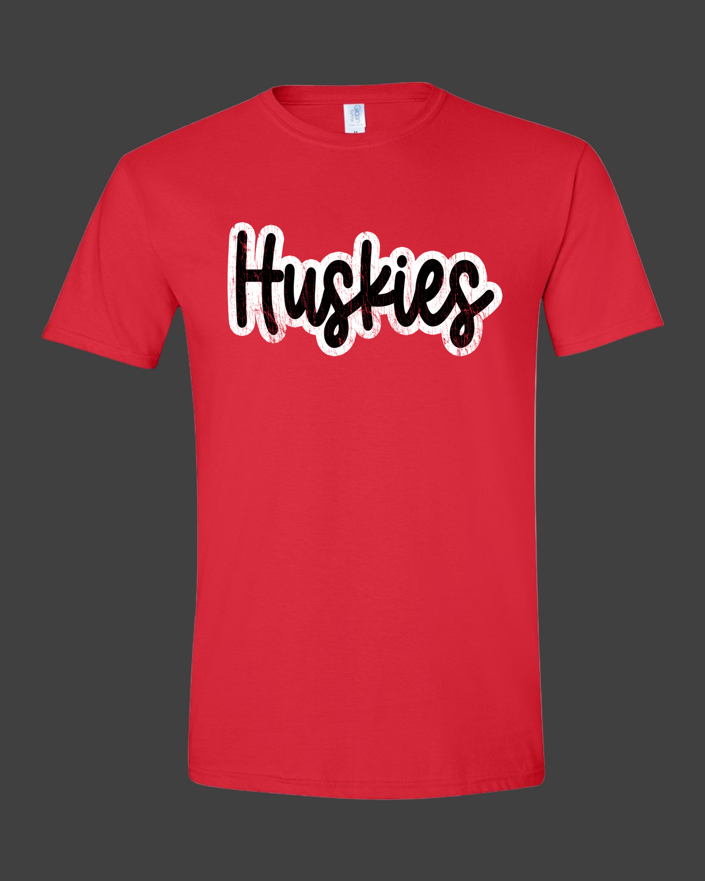 Red t-shirt with 'Huskies' text on a white background