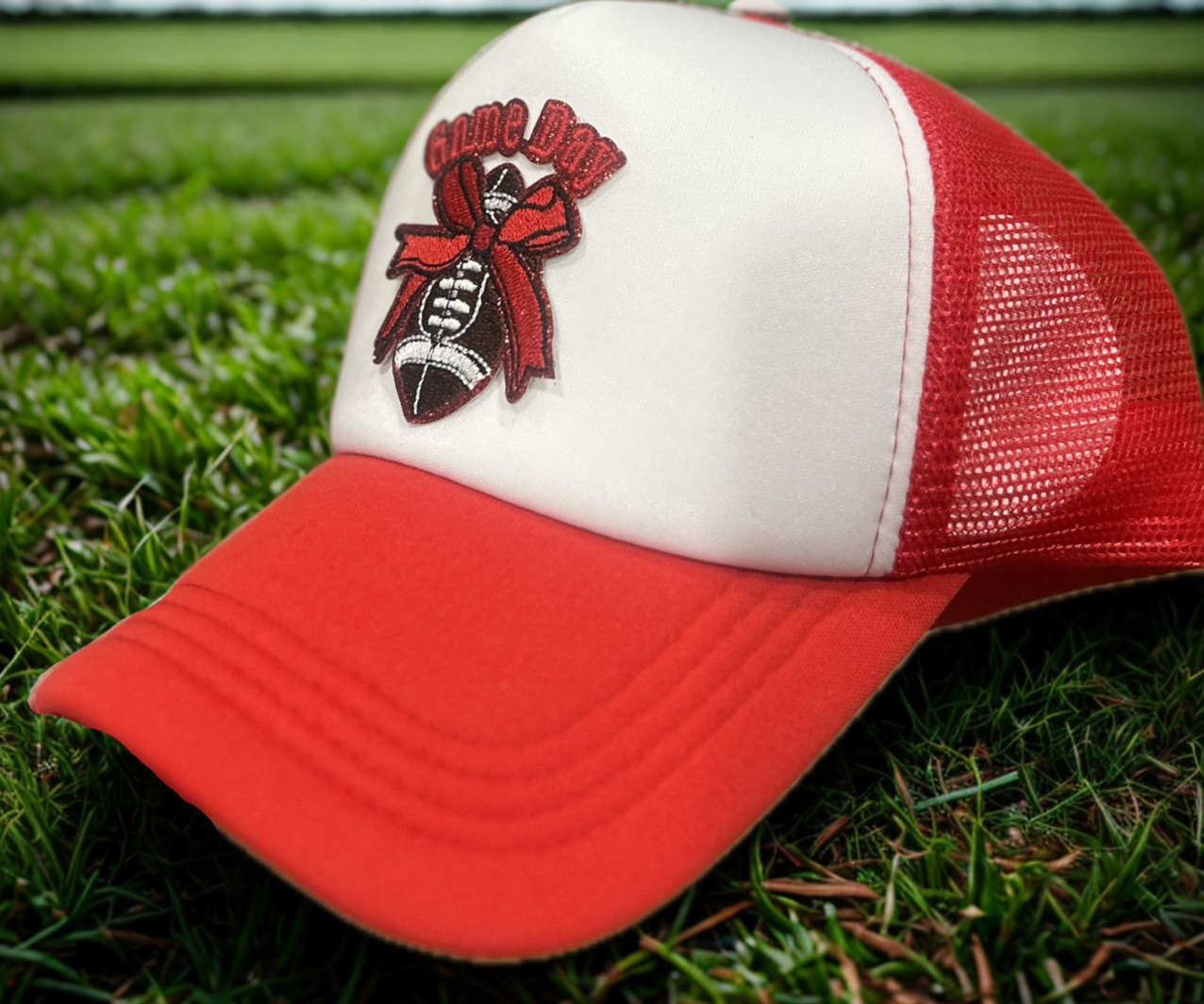 Red Gameday with Bow Football on Red / White Hat