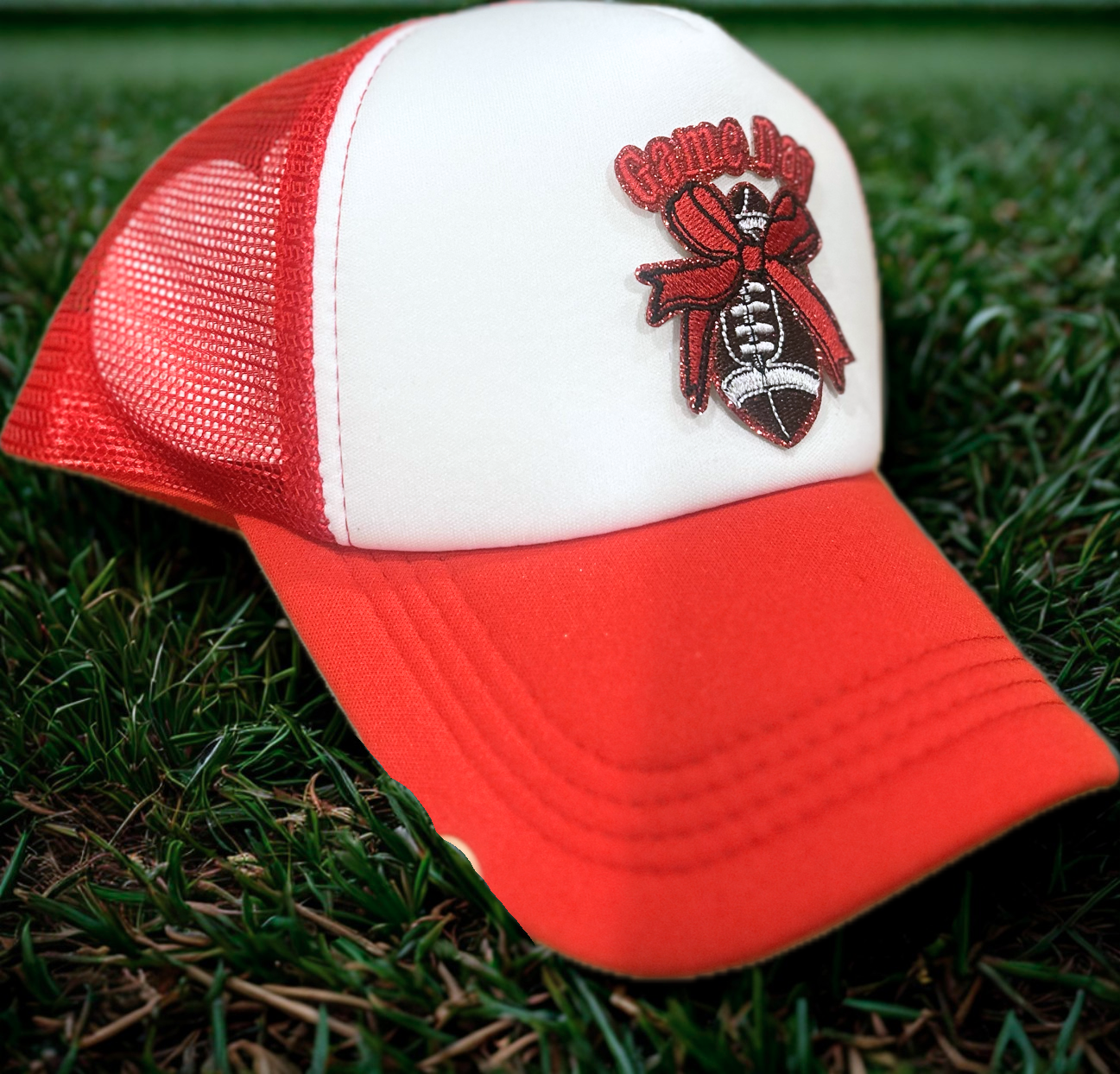 Red Gameday with Bow Football on Red / White Hat