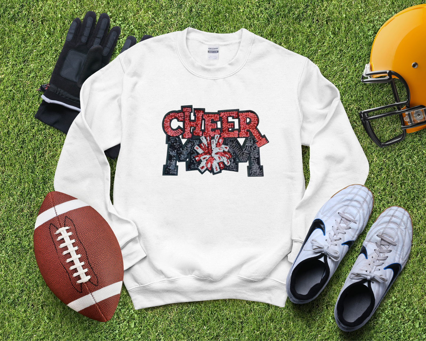 Cheer Mom Sequin Patch - White Crewneck