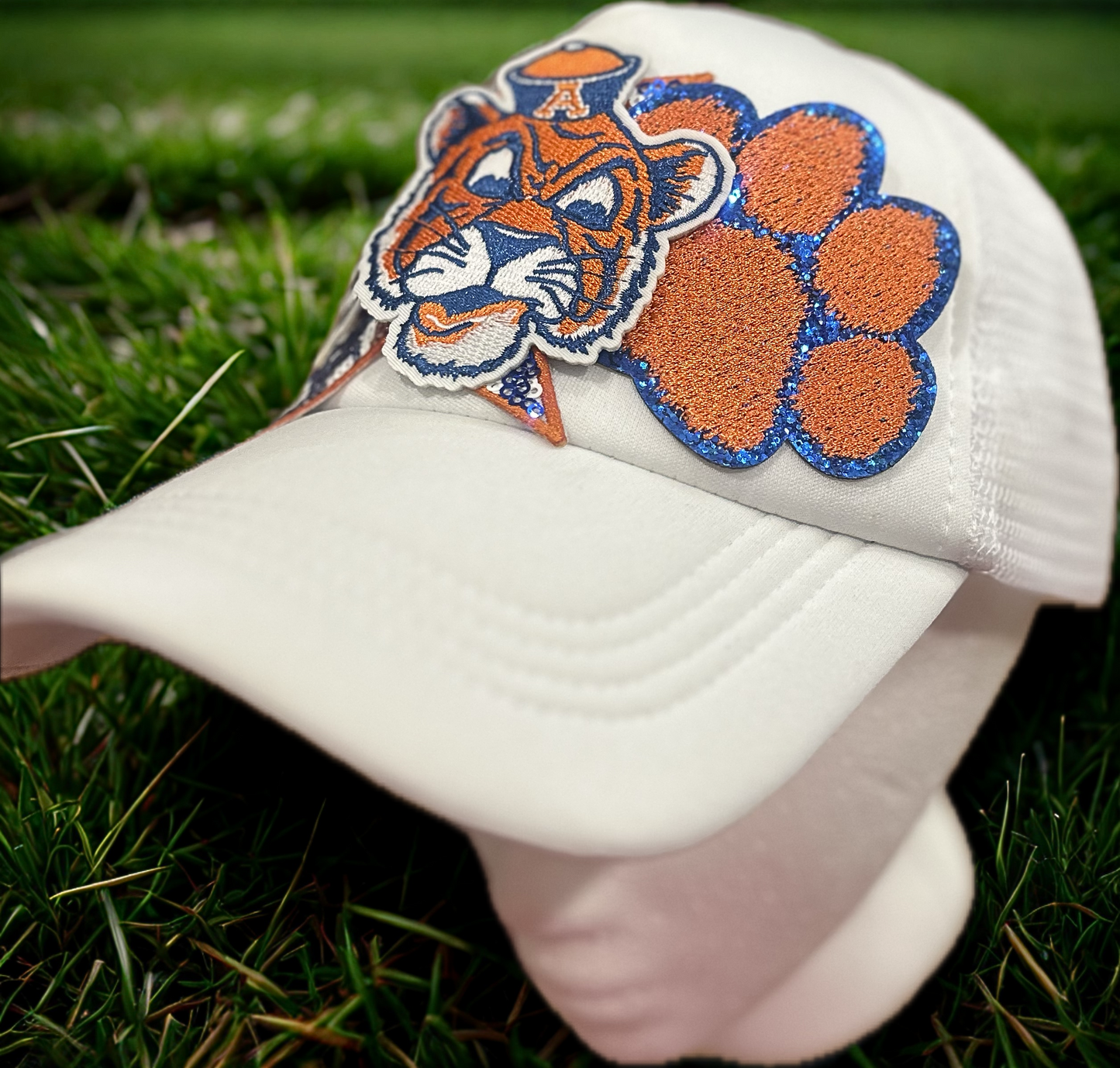 Vintage Aubie with Paw Print: Orange & Blue on White Hat