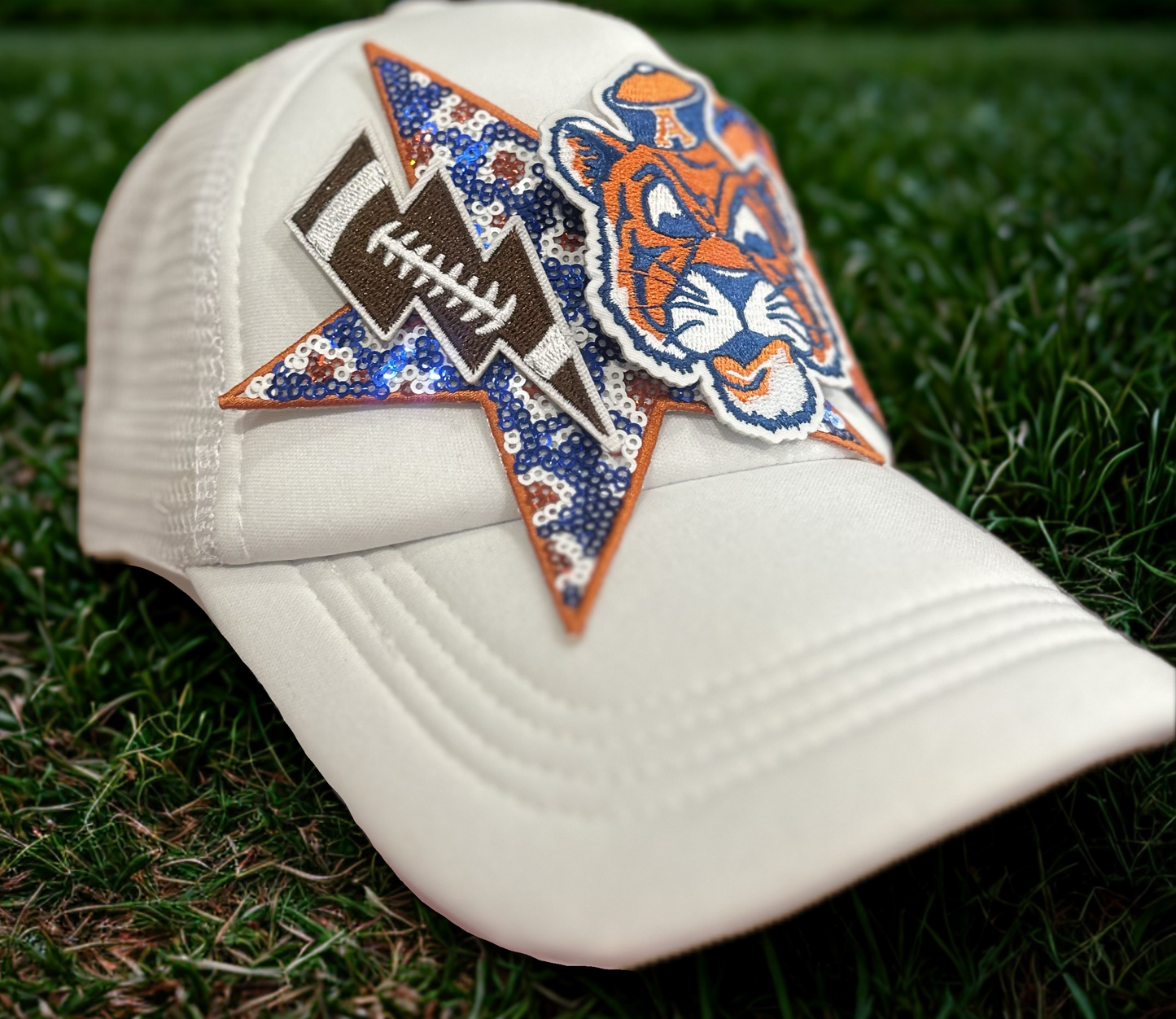 Vintage Aubie with Paw Print: Orange & Blue on White Hat