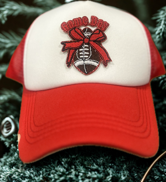 Red Gameday with Bow Football on Red / White Hat