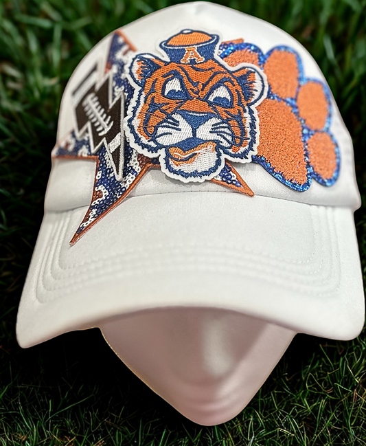 Vintage Aubie with Paw Print: Orange & Blue on White Hat
